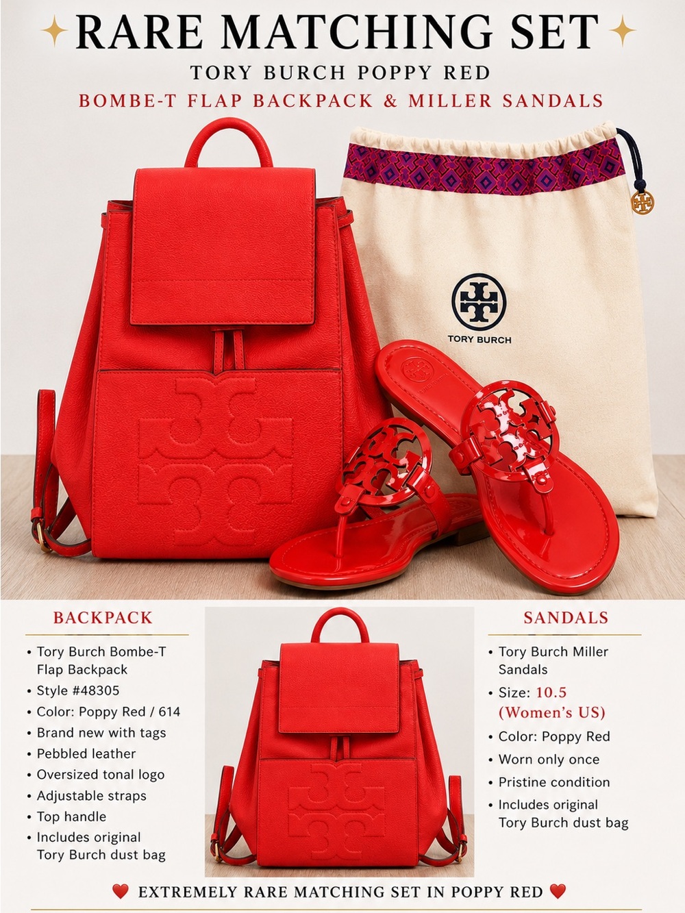 RARE Tory Burch Poppy Red Bombe-T Backpack + Miller Sandals 10.5 Set